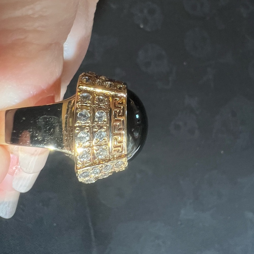 Authentic VERSACE Ring With Rhinestones and Greek Key and Black Stone